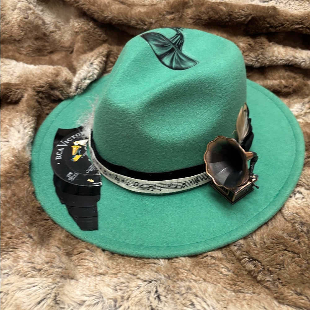 Green Fedora with Feather and Music Note Band